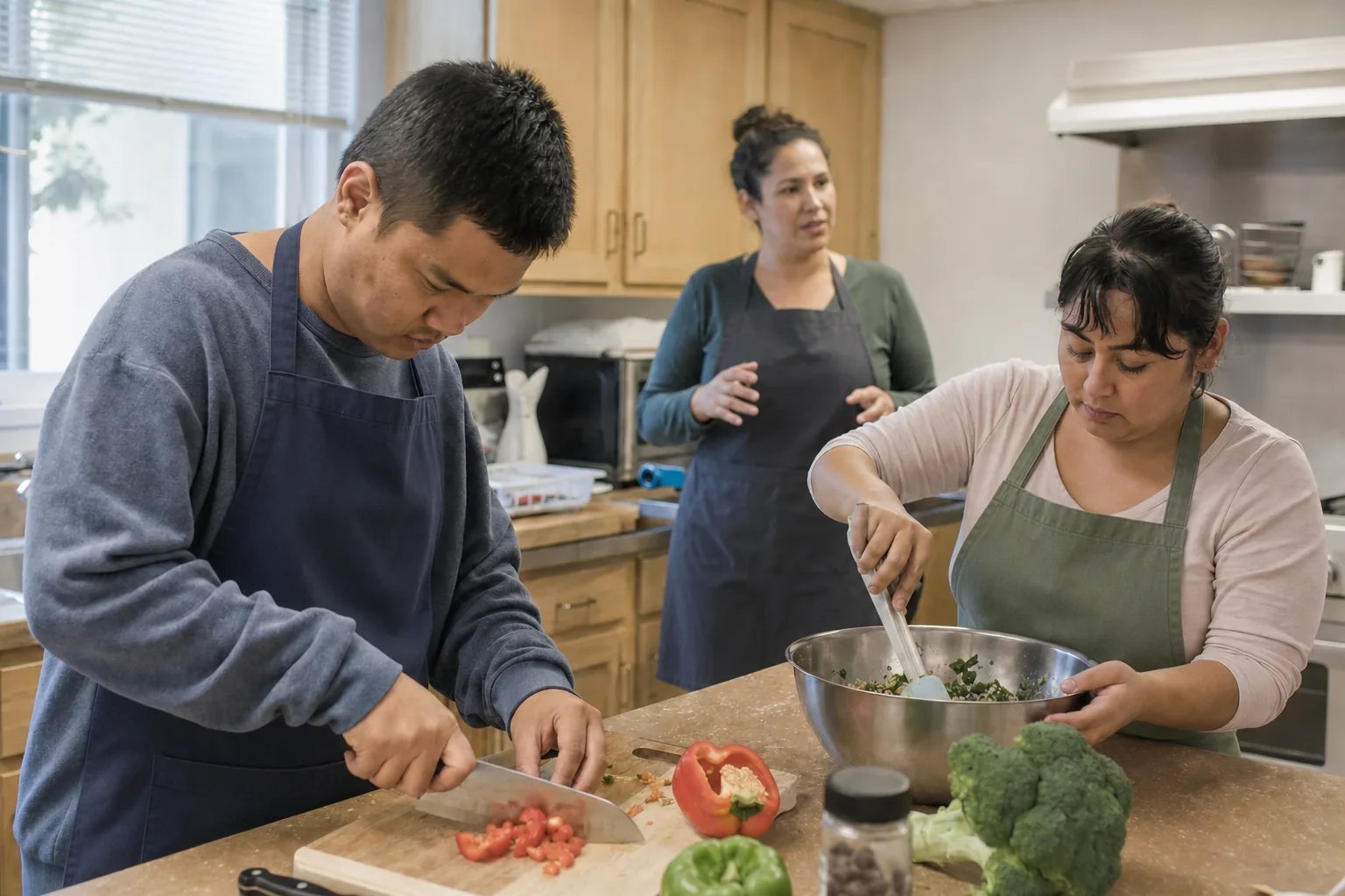 Participants preparing a meal with guidance from a staff member