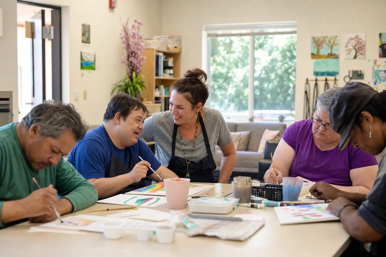 Participants and staff painting together at Legacy Care