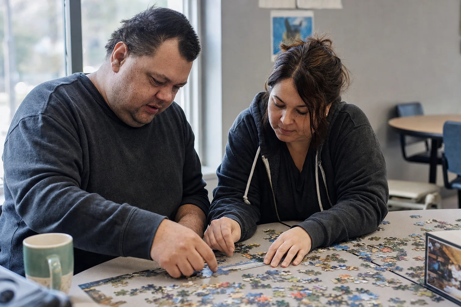 A participant and staff member working on a puzzle together